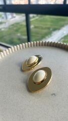İnci Detaylı Gold Oval Küpe Beyaz