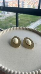 İnci Detaylı Gold Oval Küpe Beyaz