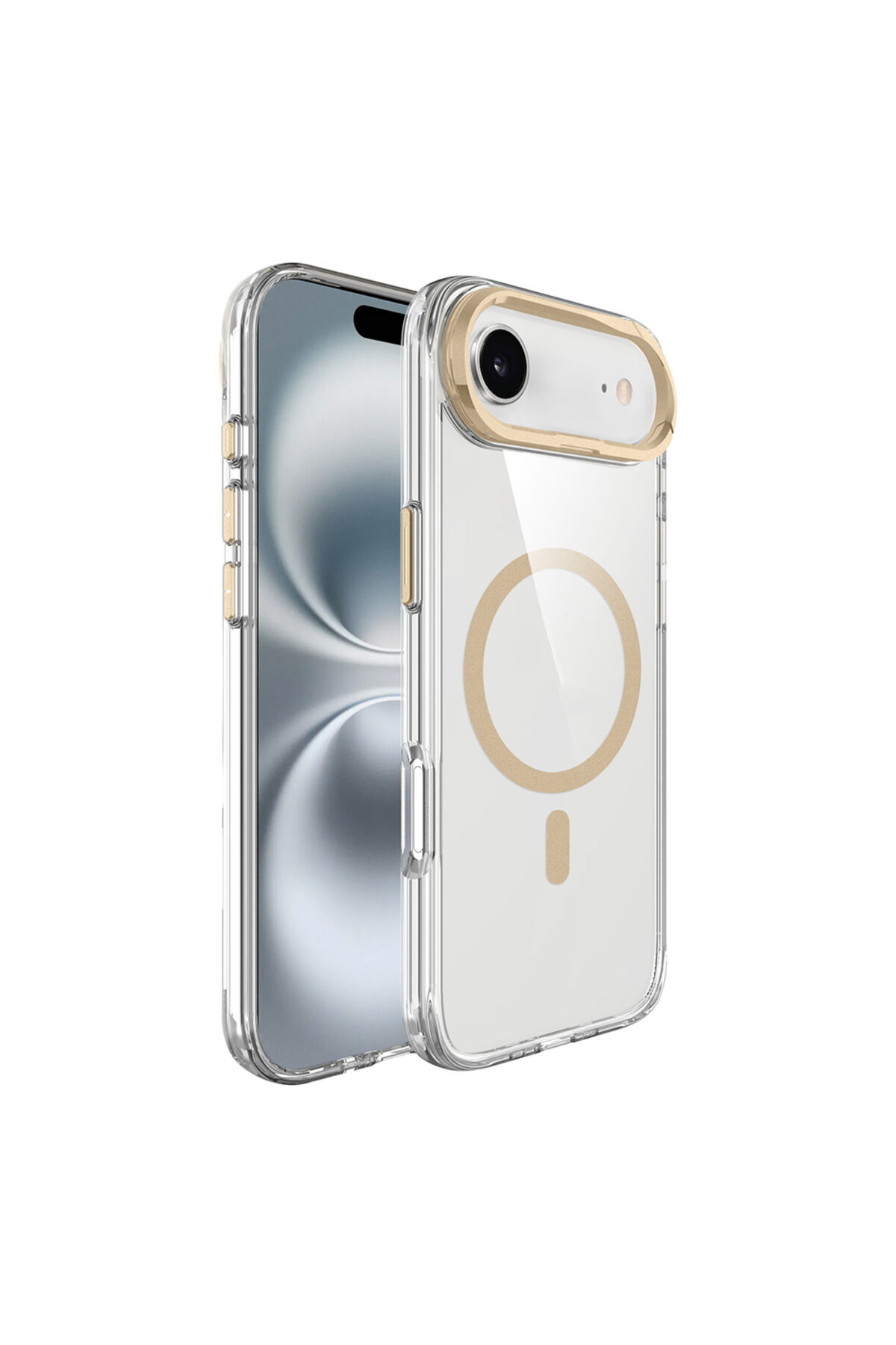iPhone 17 Air Kılıf M-safe Şarj Özellikli Airbagli Kamera Standlı Zore Azor Kapak - Lacivert Altın