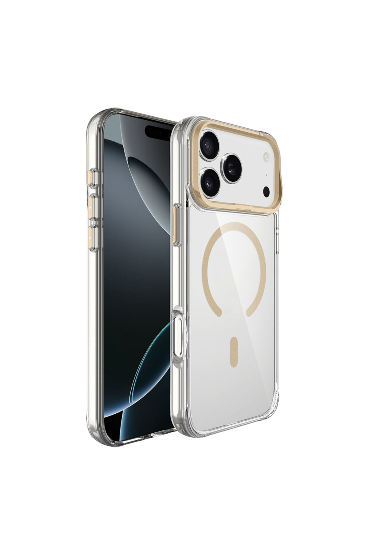 iPhone 17 Pro Kılıf M-safe Şarj Özellikli Airbagli Kamera Standlı Zore Azor Kapak - Koyu Gri Altın