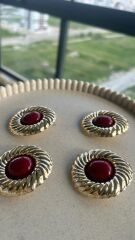Taş Detaylı Gold Vintage Küpe Kırmızı