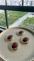 Taş Detaylı Gold Vintage Küpe Kırmızı