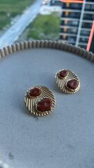 Taş Detaylı Varyantlı Vintage Gold Küpe Turkuaz