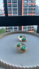 Taş Detaylı Varyantlı Vintage Gold Küpe Turkuaz