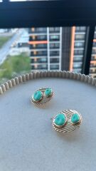 Taş Detaylı Varyantlı Vintage Gold Küpe Turkuaz