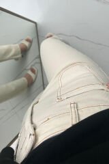 Yüksek Bel Kesik Paça Jean Pantolon Krem - 42
