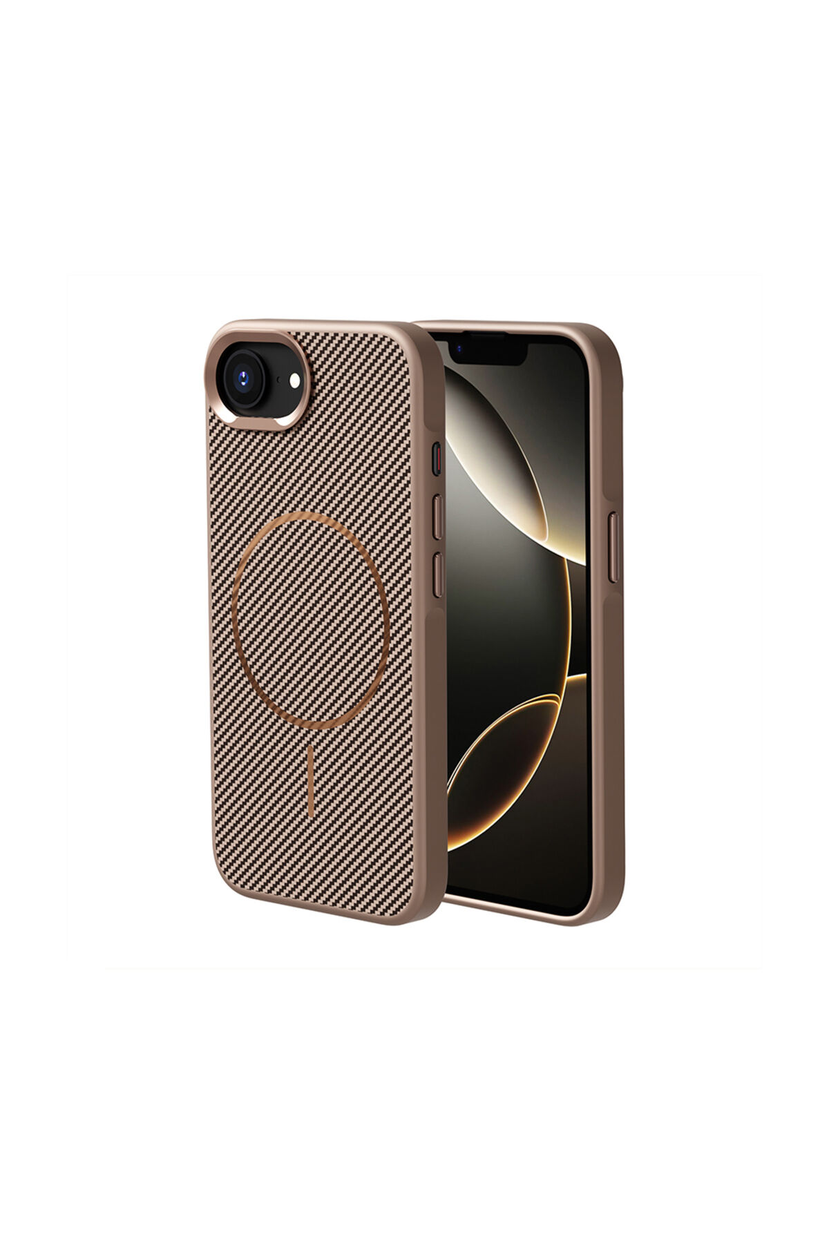 iPhone 17E Kılıf M-safe Şarj Özellikli Karbon Fiber Görünümlü Zore Troy Kapak - Gold Altın