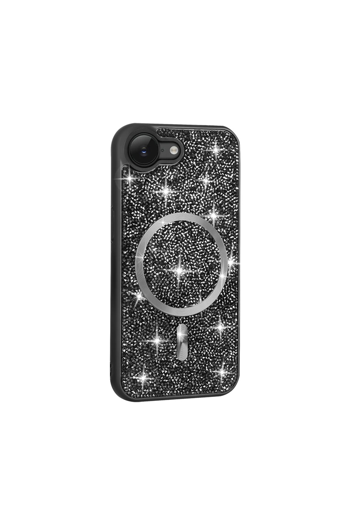 iPhone 17E Kılıf Pırlanta Tasarımlı M-safe Şarj Özellikli Zore Mozaik Silikon Kapak - Siyah Siyah
