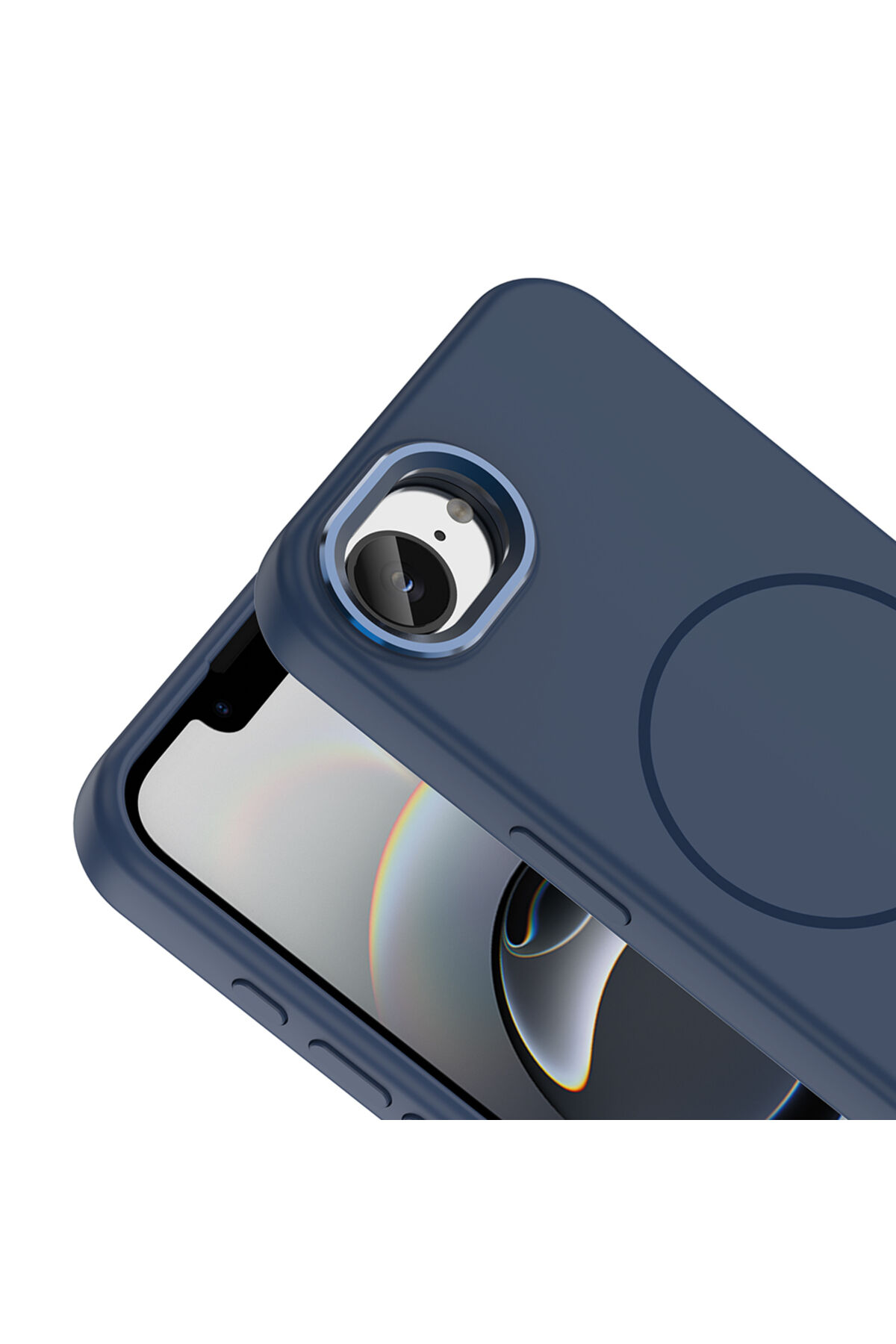 iPhone 16E Kılıf M-Safe Şarj Özellikli Metal Kamera Çerçeveli Zore Edi Silikon Kapak - Lacivert Lacivert
