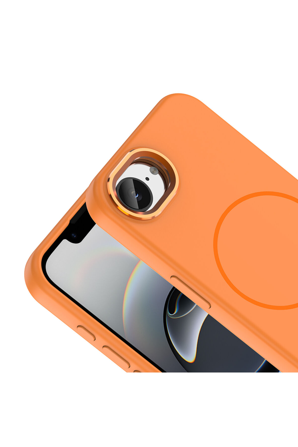 iPhone 16E Kılıf M-Safe Şarj Özellikli Metal Kamera Çerçeveli Edi Silikon Kapak Turuncu
